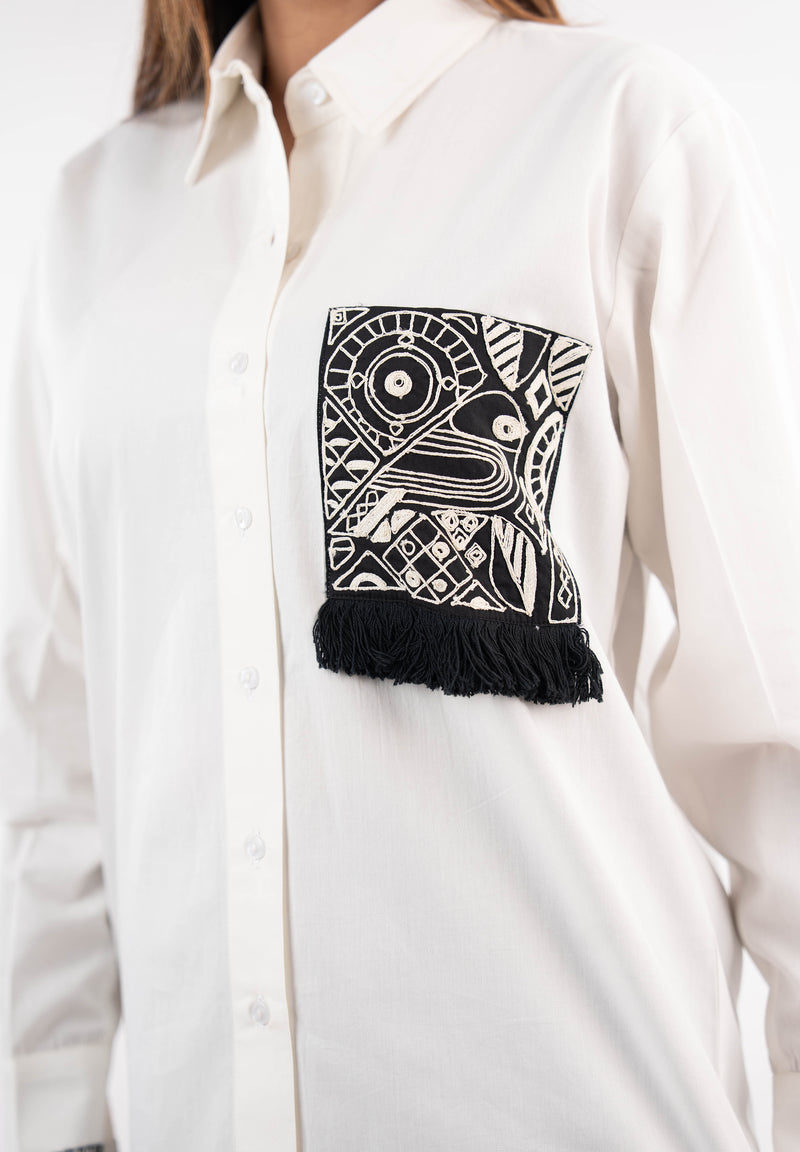 White & Black Embroidered Tassel Shirt