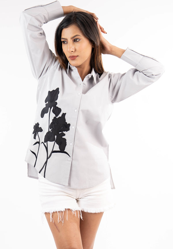 Botanical Embroidered Grey Shirt