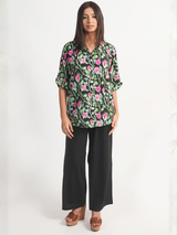 Pink Rose Printed Royal Crape Shirt – Black